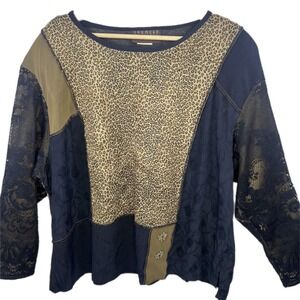 Vintage Spencer Alexis Patchwork Top Size 2XL Whimsigoth Artsy Cheetah Lace L/S‎
